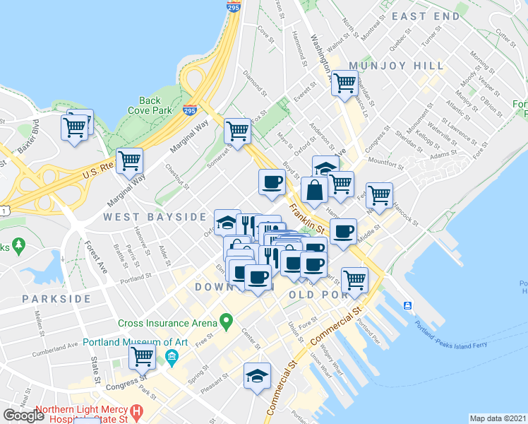 map of restaurants, bars, coffee shops, grocery stores, and more near 235 Cumberland Avenue in Portland