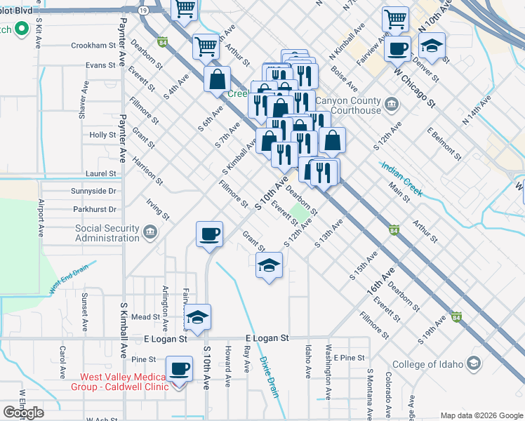 map of restaurants, bars, coffee shops, grocery stores, and more near 1013 Fillmore Street in Caldwell