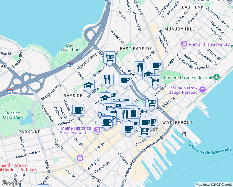 map of restaurants, bars, coffee shops, grocery stores, and more near 244 Cumberland Avenue in Portland