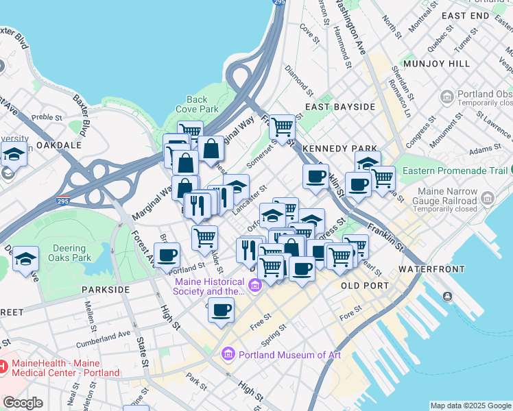 map of restaurants, bars, coffee shops, grocery stores, and more near 193 Oxford Street in Portland