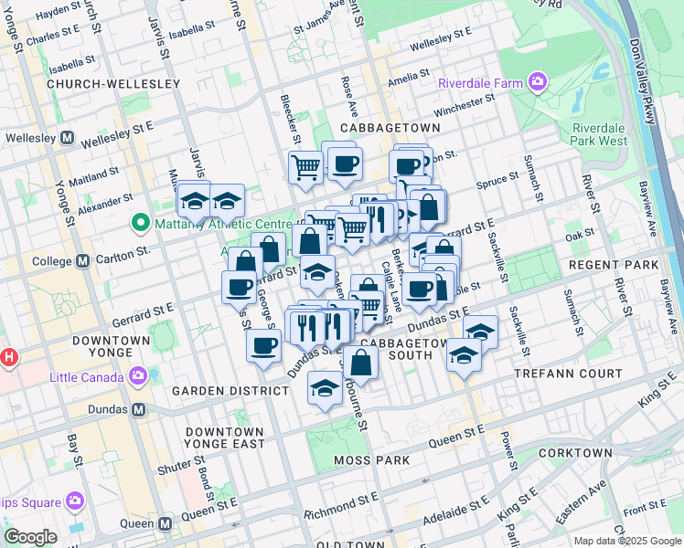 map of restaurants, bars, coffee shops, grocery stores, and more near in Toronto