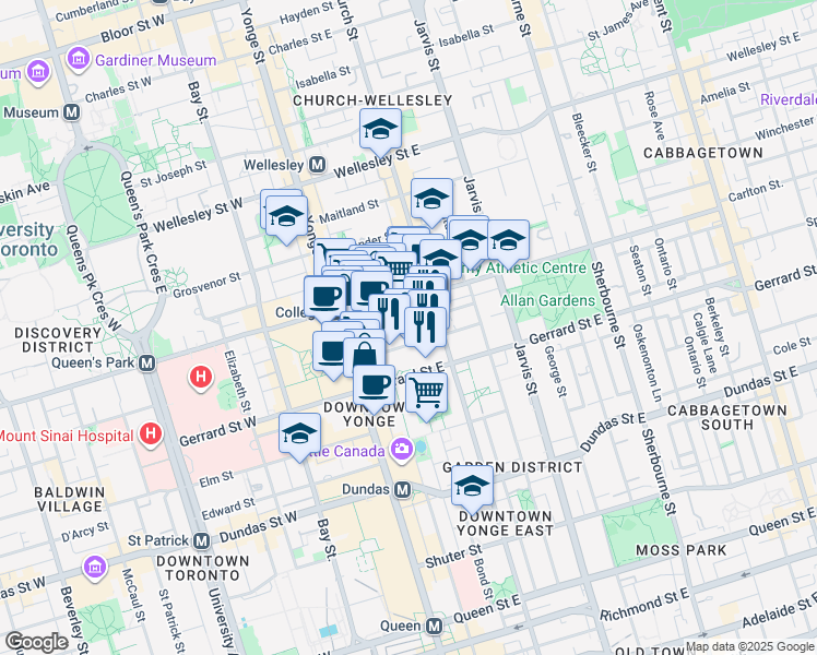 map of restaurants, bars, coffee shops, grocery stores, and more near 46 Gerrard Street East in Toronto