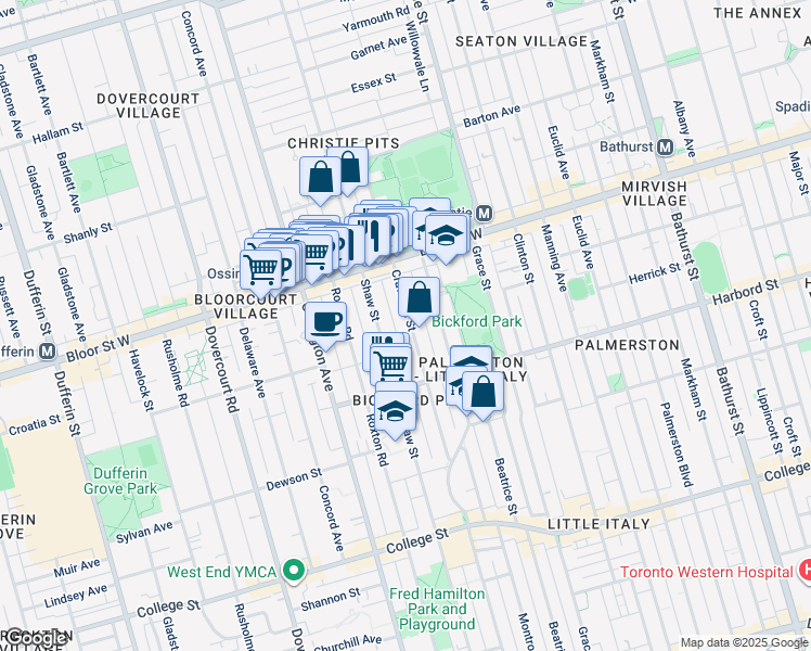 map of restaurants, bars, coffee shops, grocery stores, and more near in Toronto