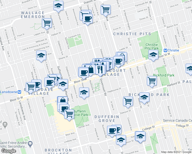 map of restaurants, bars, coffee shops, grocery stores, and more near 998A Bloor Street West in Toronto