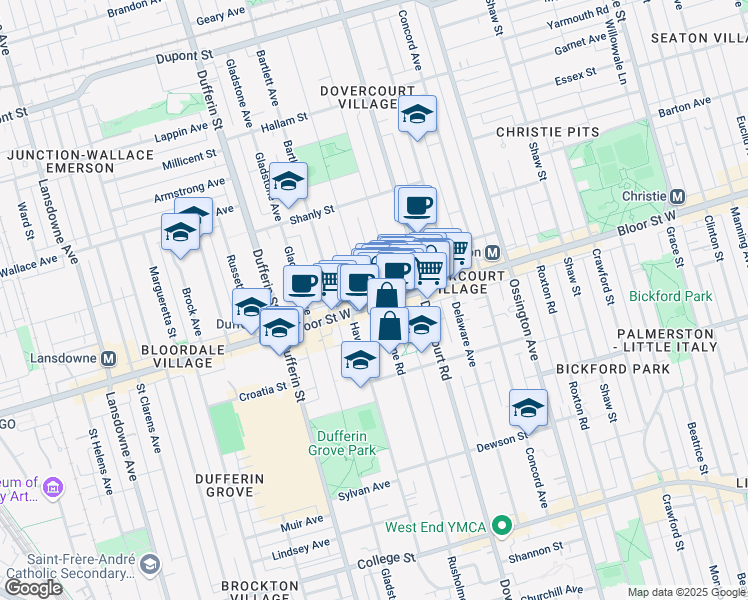 map of restaurants, bars, coffee shops, grocery stores, and more near in Toronto