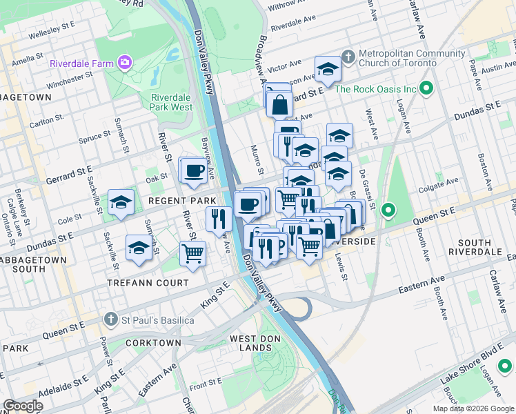 map of restaurants, bars, coffee shops, grocery stores, and more near 59 Carroll Street in Toronto