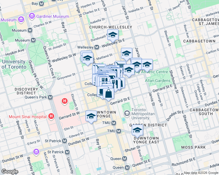 map of restaurants, bars, coffee shops, grocery stores, and more near 23 Carlton Street in Toronto