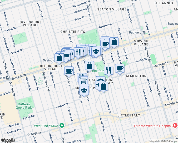 map of restaurants, bars, coffee shops, grocery stores, and more near 655 Crawford Street in Toronto