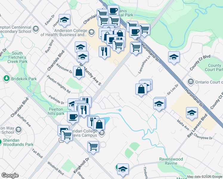 map of restaurants, bars, coffee shops, grocery stores, and more near 225 Malta Avenue in Brampton