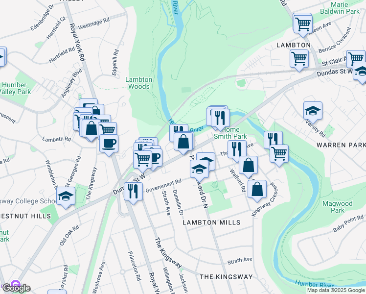 map of restaurants, bars, coffee shops, grocery stores, and more near 4198 Dundas Street West in Toronto