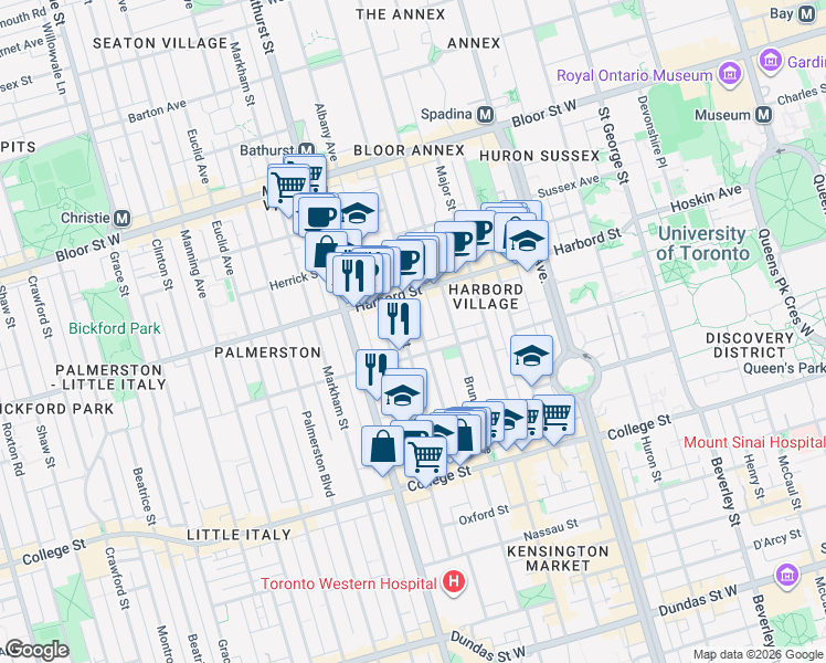 map of restaurants, bars, coffee shops, grocery stores, and more near in Toronto