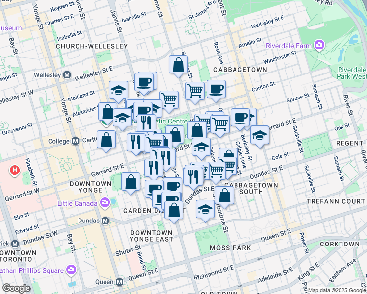 map of restaurants, bars, coffee shops, grocery stores, and more near 160 Gerrard Street East in Toronto