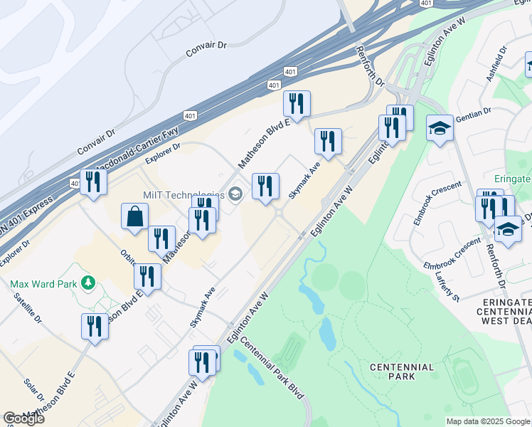 map of restaurants, bars, coffee shops, grocery stores, and more near 5090 Explorer Drive in Mississauga