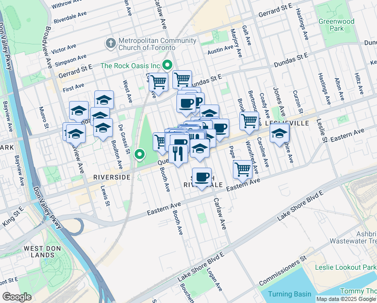 map of restaurants, bars, coffee shops, grocery stores, and more near 948 Queen Street East in Toronto