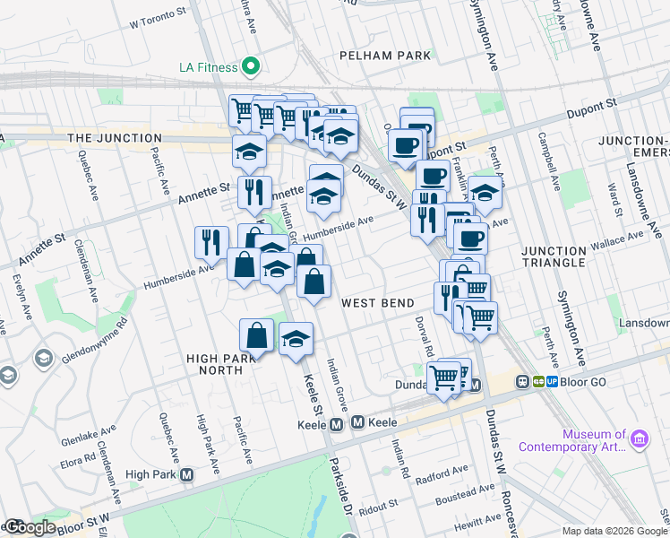 map of restaurants, bars, coffee shops, grocery stores, and more near 175 Indian Road Crescent in Toronto