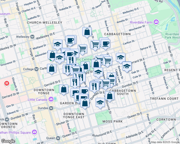 map of restaurants, bars, coffee shops, grocery stores, and more near Gerrard St E & Pembroke St in Toronto