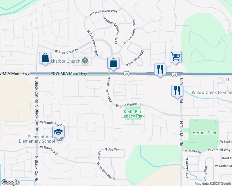map of restaurants, bars, coffee shops, grocery stores, and more near 6178 North Bolsena Lane in Meridian