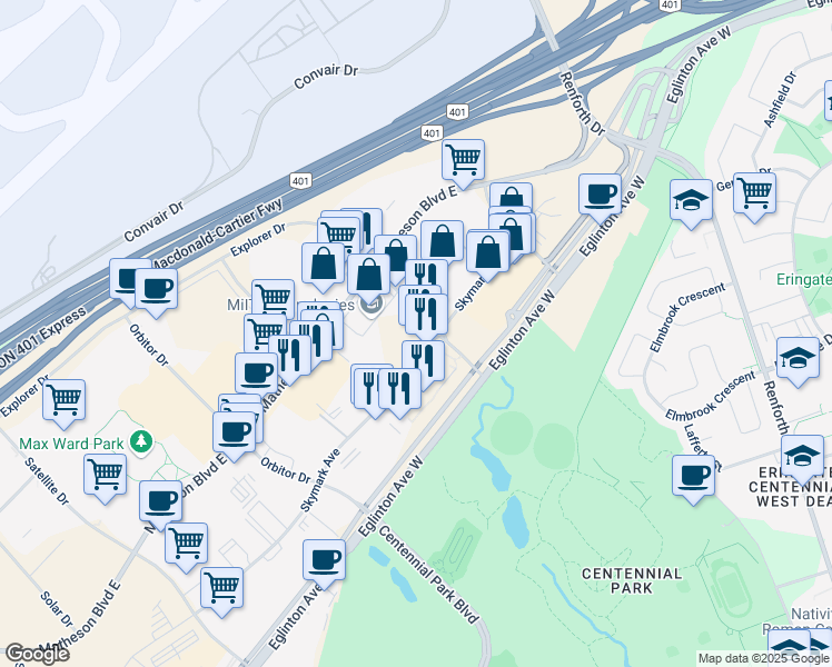 map of restaurants, bars, coffee shops, grocery stores, and more near 5090 Explorer Drive in Mississauga