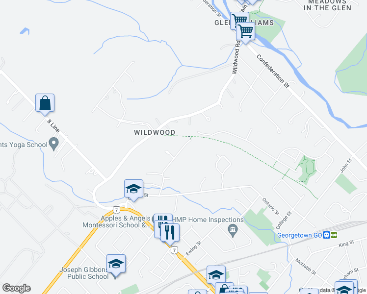 map of restaurants, bars, coffee shops, grocery stores, and more near 16 Ann Street in Halton Hills