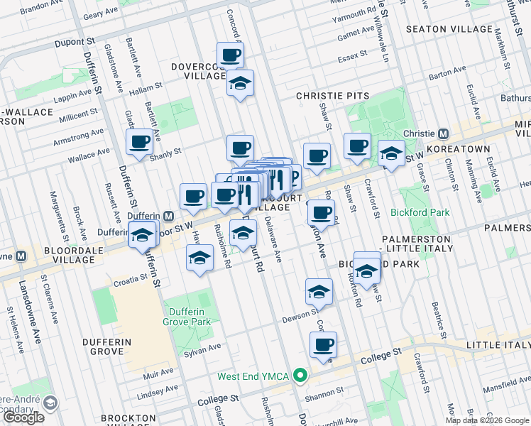 map of restaurants, bars, coffee shops, grocery stores, and more near 198 Delaware Avenue in Toronto