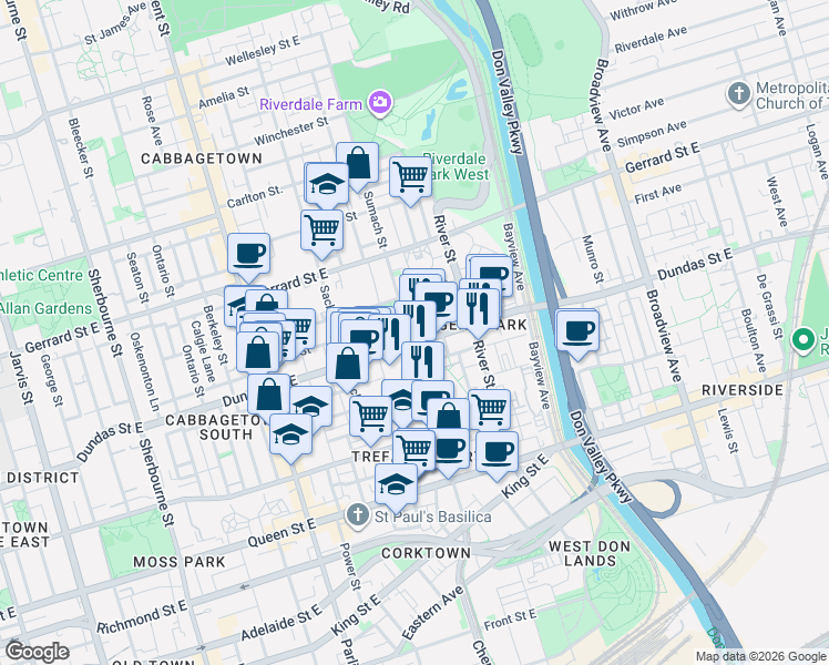 map of restaurants, bars, coffee shops, grocery stores, and more near 225 Sumach Street in Toronto
