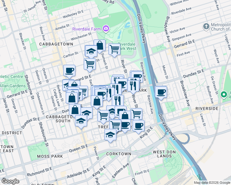 map of restaurants, bars, coffee shops, grocery stores, and more near 225 Sumach Street in Toronto