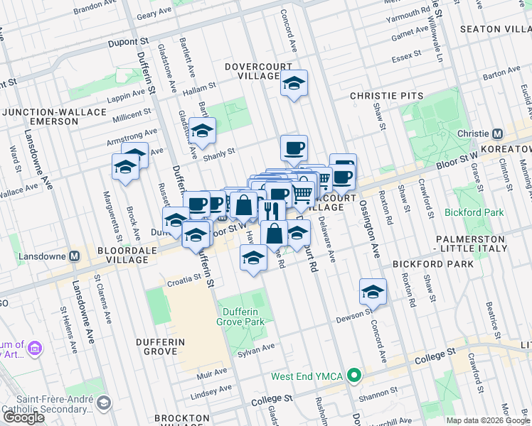 map of restaurants, bars, coffee shops, grocery stores, and more near 1022 Bloor Street West in Toronto