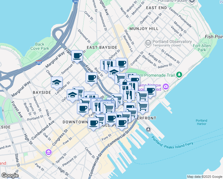 map of restaurants, bars, coffee shops, grocery stores, and more near in Portland