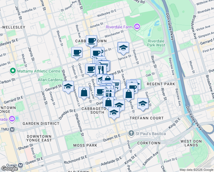 map of restaurants, bars, coffee shops, grocery stores, and more near 10 Oak Street in Toronto