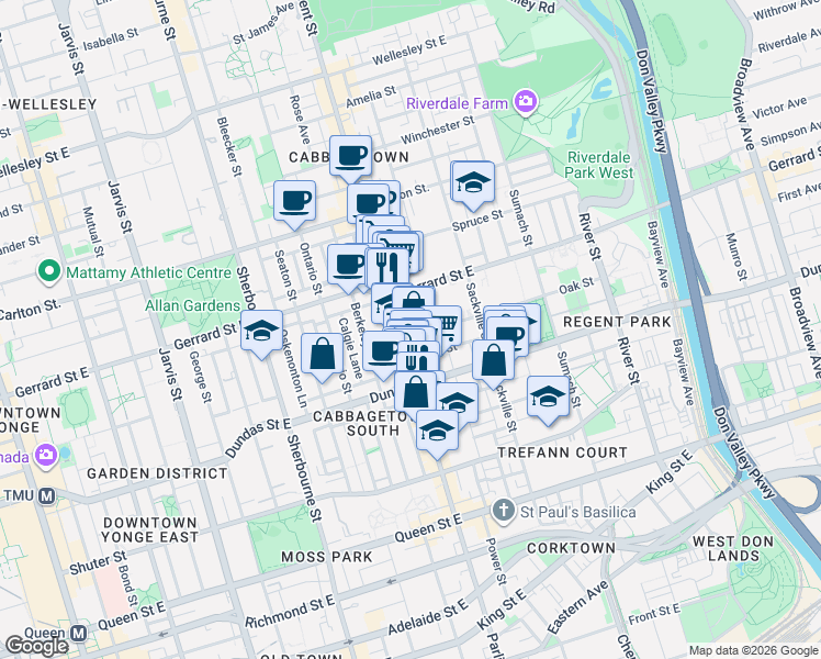 map of restaurants, bars, coffee shops, grocery stores, and more near 10 Oak Street in Toronto