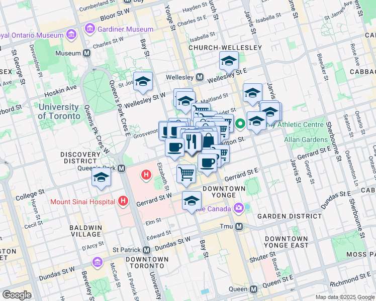 map of restaurants, bars, coffee shops, grocery stores, and more near 777 Bay Street in Toronto