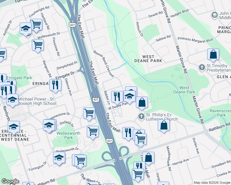 map of restaurants, bars, coffee shops, grocery stores, and more near 19 Amberwood Road in Toronto