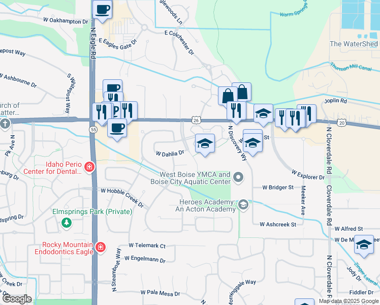 map of restaurants, bars, coffee shops, grocery stores, and more near 6200 North Park Meadow Way in Boise