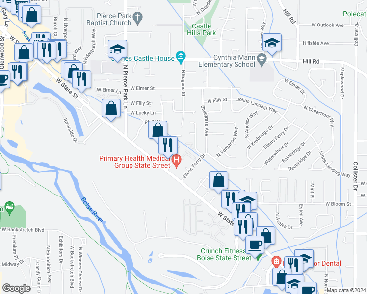 map of restaurants, bars, coffee shops, grocery stores, and more near 6030 West Port Place in Boise