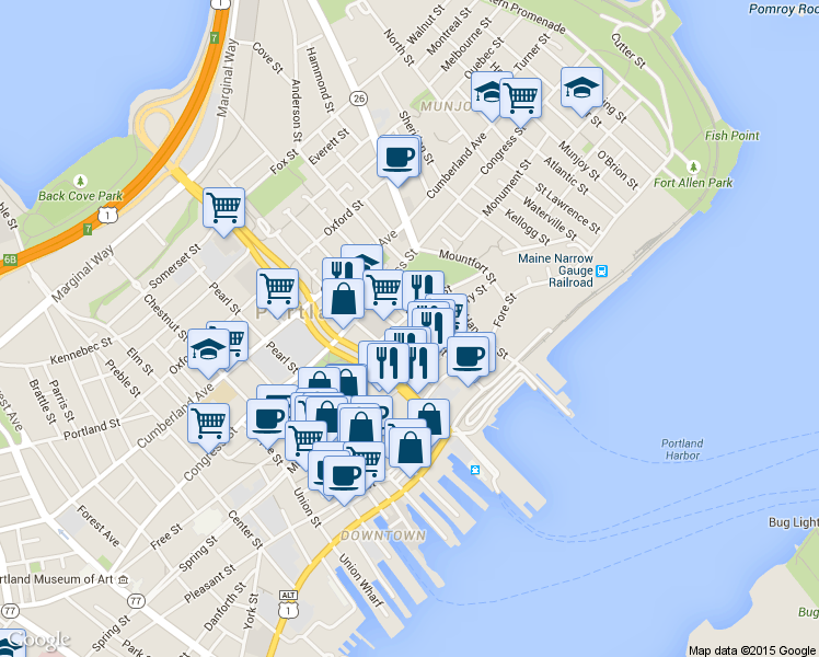 map of restaurants, bars, coffee shops, grocery stores, and more near in Portland