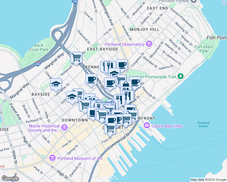 map of restaurants, bars, coffee shops, grocery stores, and more near in Portland
