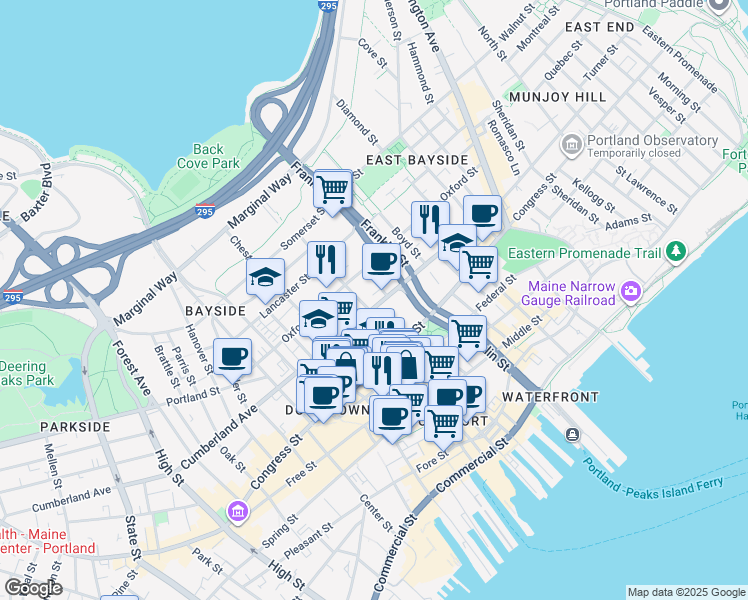 map of restaurants, bars, coffee shops, grocery stores, and more near 244 Cumberland Avenue in Portland