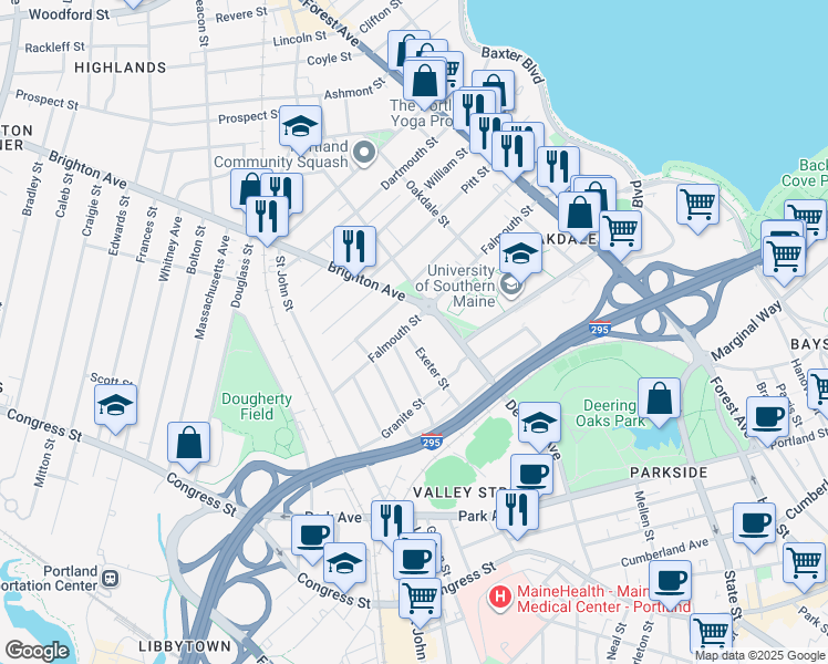 map of restaurants, bars, coffee shops, grocery stores, and more near 58 Exeter Street in Portland