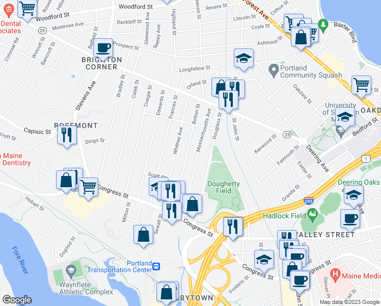 map of restaurants, bars, coffee shops, grocery stores, and more near 95 Bolton Street in Portland