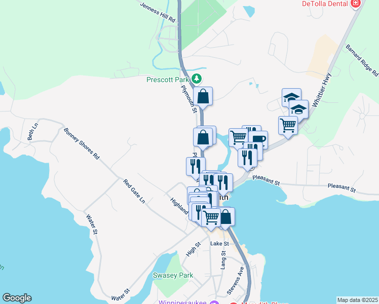 map of restaurants, bars, coffee shops, grocery stores, and more near 40 Plymouth Street in Meredith
