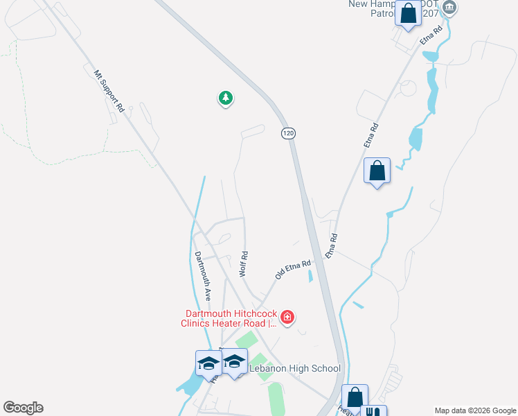 map of restaurants, bars, coffee shops, grocery stores, and more near 30 Wolf Road in Lebanon