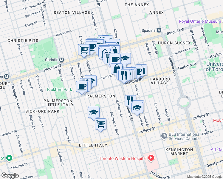 map of restaurants, bars, coffee shops, grocery stores, and more near in Toronto