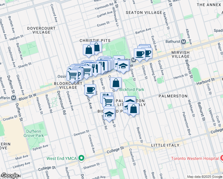 map of restaurants, bars, coffee shops, grocery stores, and more near in Toronto