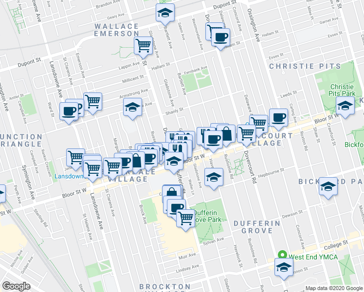 map of restaurants, bars, coffee shops, grocery stores, and more near 1040 Dufferin Street in Toronto