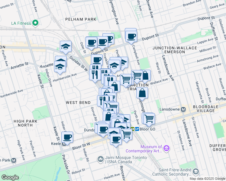 map of restaurants, bars, coffee shops, grocery stores, and more near in Toronto