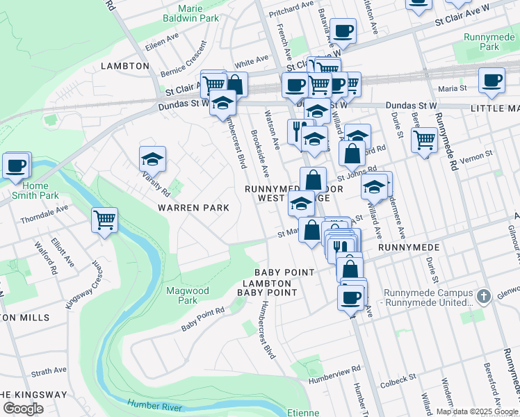 map of restaurants, bars, coffee shops, grocery stores, and more near 141 Humbercrest Boulevard in Toronto