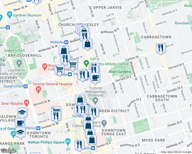 map of restaurants, bars, coffee shops, grocery stores, and more near 357 Church Street in Toronto