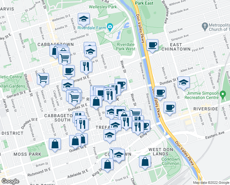 map of restaurants, bars, coffee shops, grocery stores, and more near in Toronto