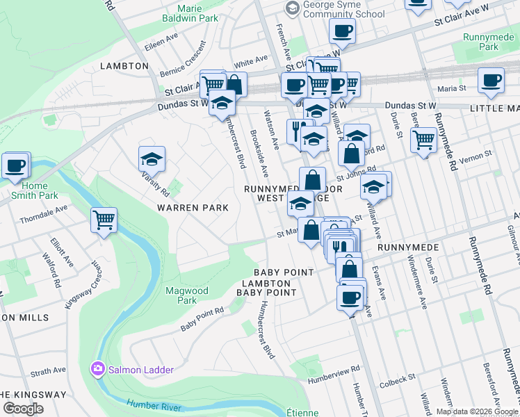 map of restaurants, bars, coffee shops, grocery stores, and more near in Toronto