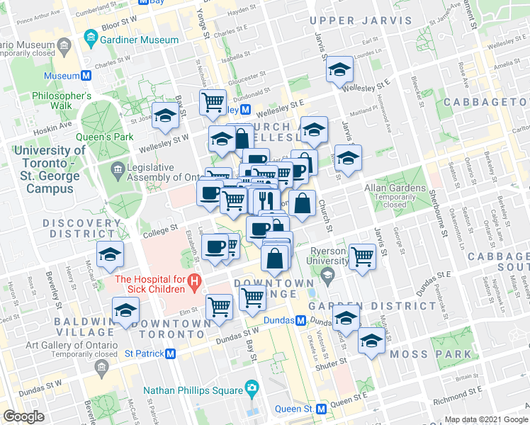 map of restaurants, bars, coffee shops, grocery stores, and more near 7 Carlton Street in Toronto